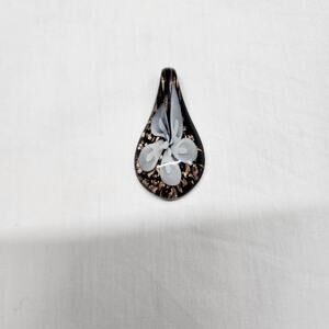 Glass Pendant for necklace white lilly black gold b34